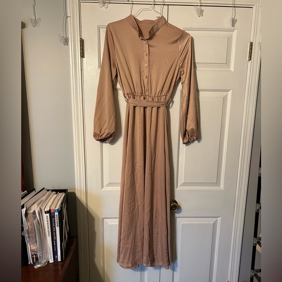 Pink Silk Dress with Pearl Buttons and Sash - Picture 2 of 4